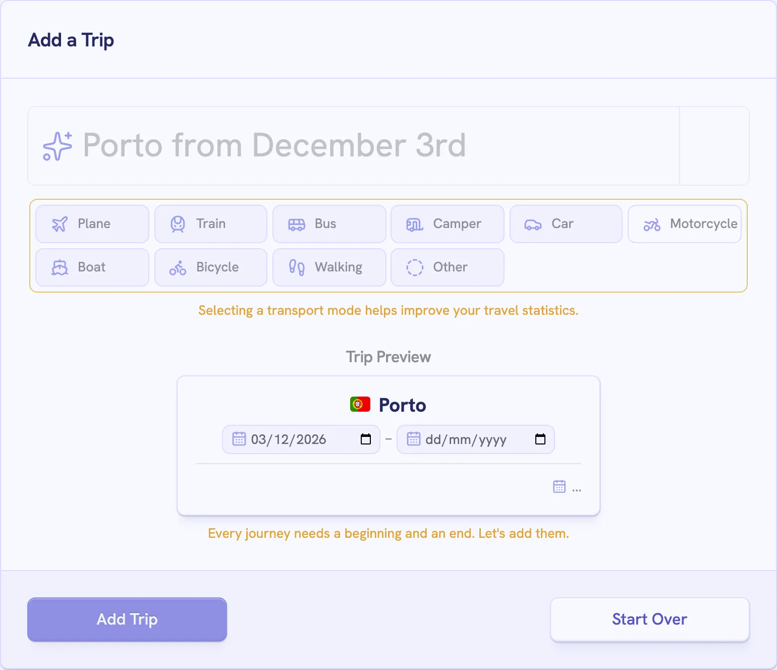 The preview for Porto with an empty end date and no transport mode selected