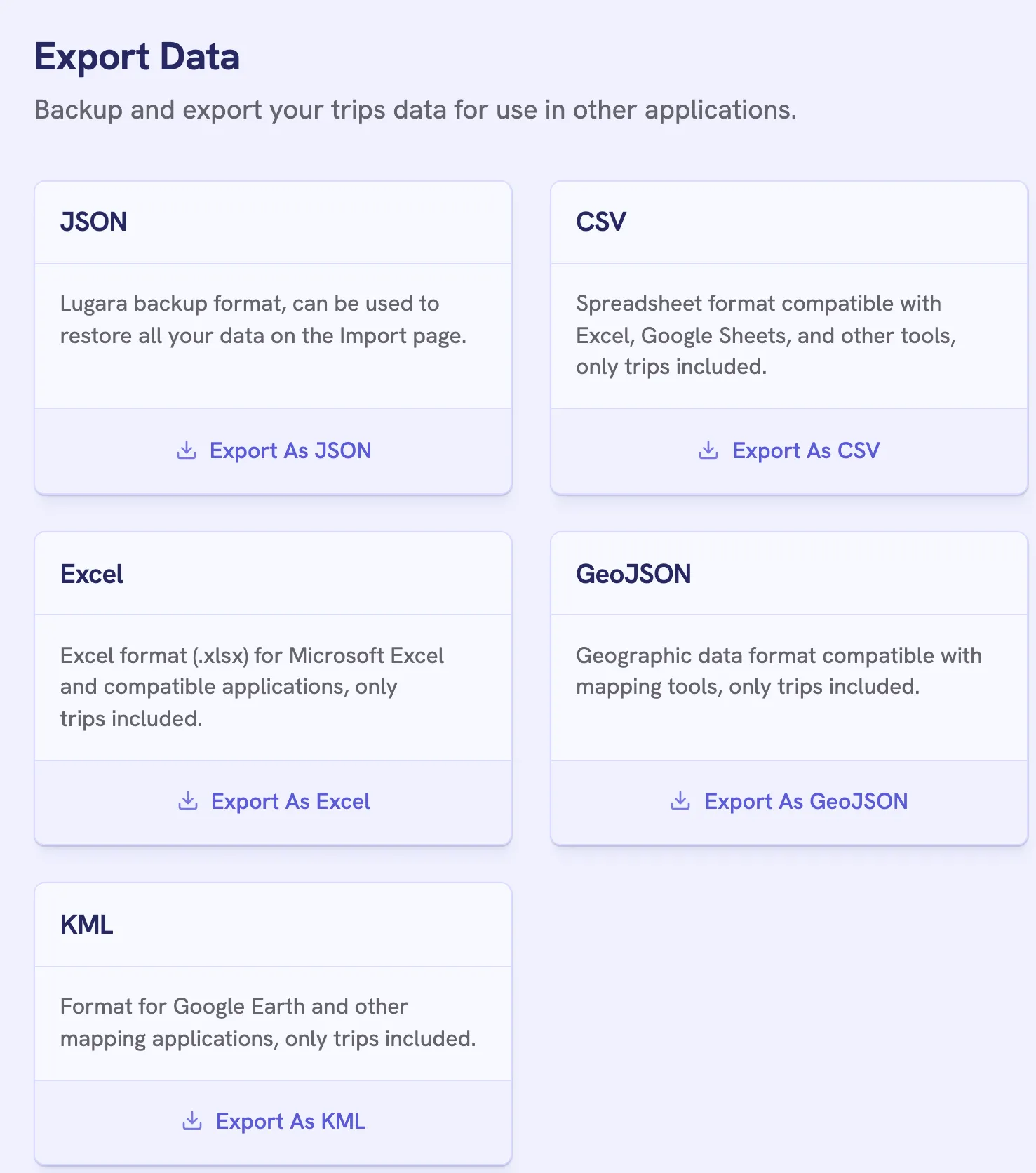 The Export Data page with a card for JSON, CSV, Excel, GeoJSON, and KML, each with its Export button