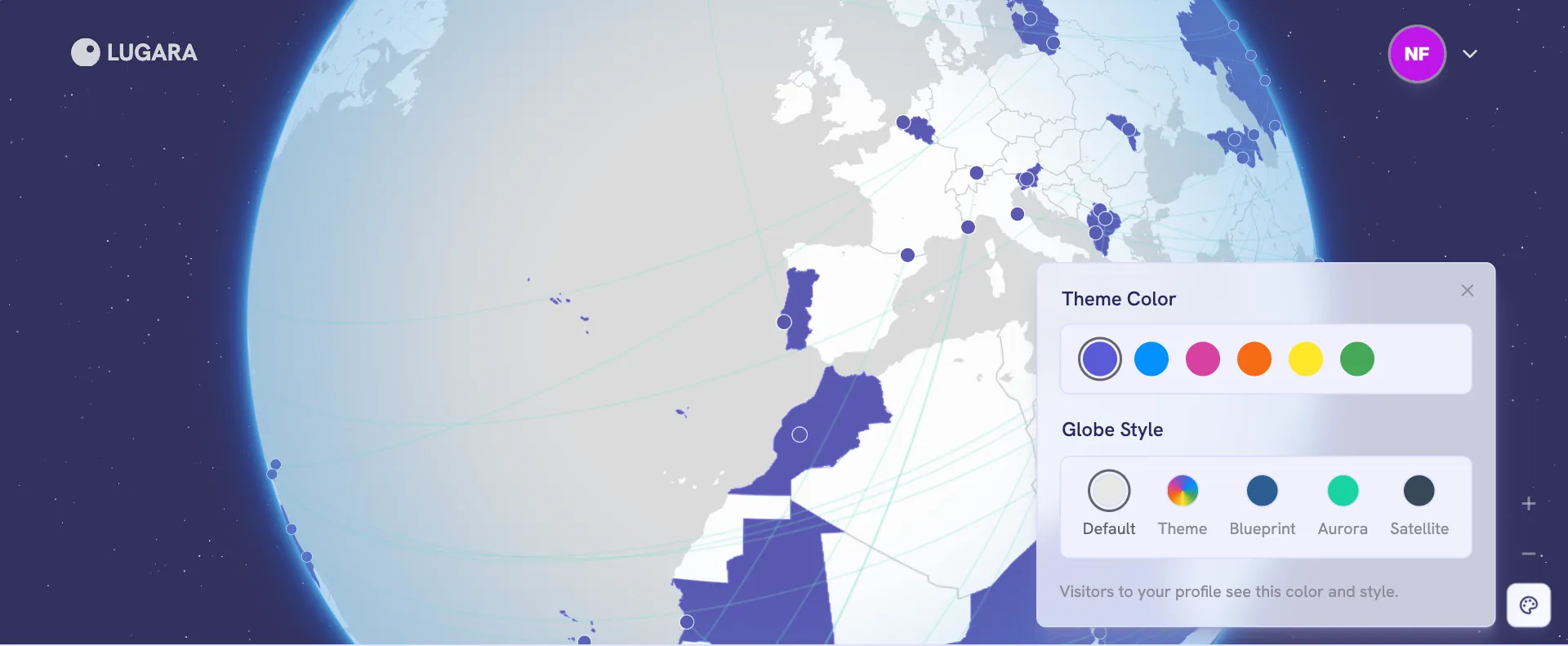 Profile globe with the appearance picker open, showing the theme colors and the five globe styles