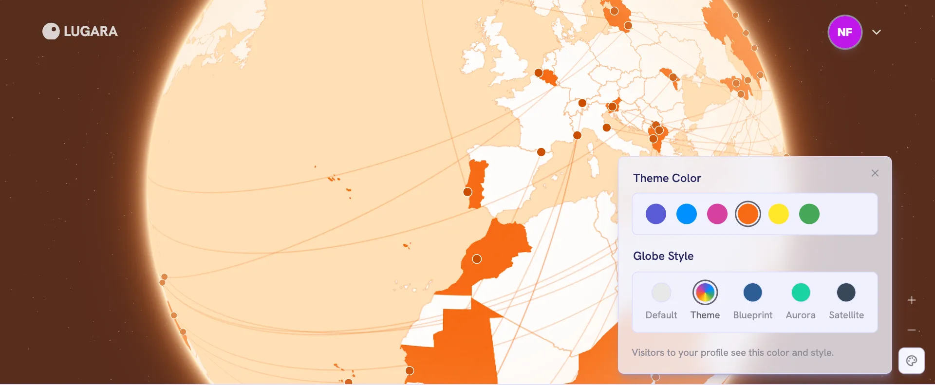 Globe in the Theme style with the orange theme color picked in the appearance picker: a pale orange globe with visited countries in orange