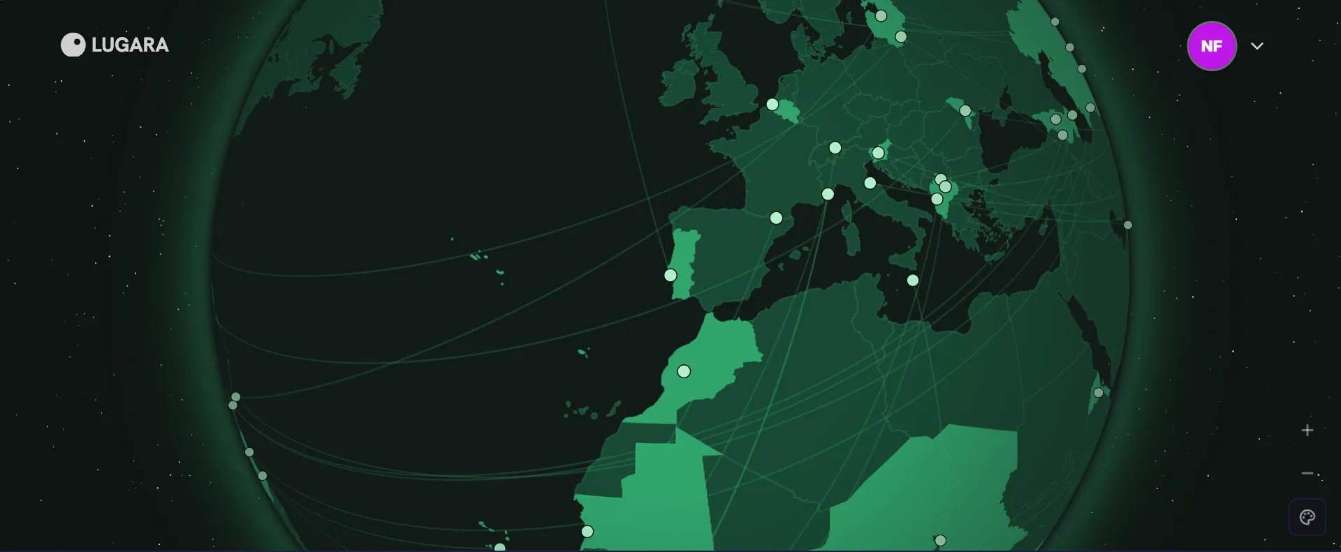 Globe in the Theme style with the green theme color in dark mode: a dark green globe with bright green visited countries