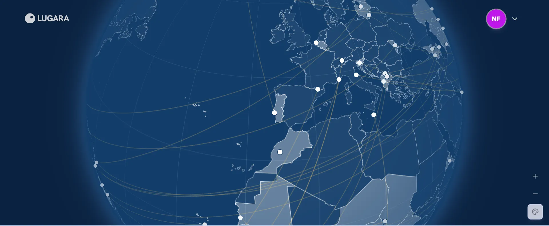 Globe in the Blueprint style: white country outlines and a grid on deep blue, with yellow routes