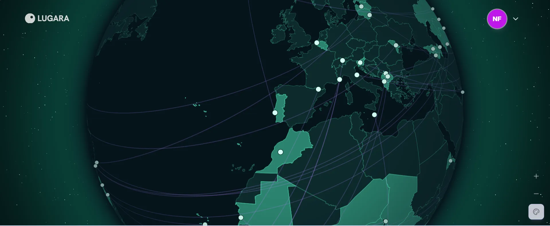 Globe in the Aurora style: a dark teal globe with a green glow, green visited countries, and violet routes