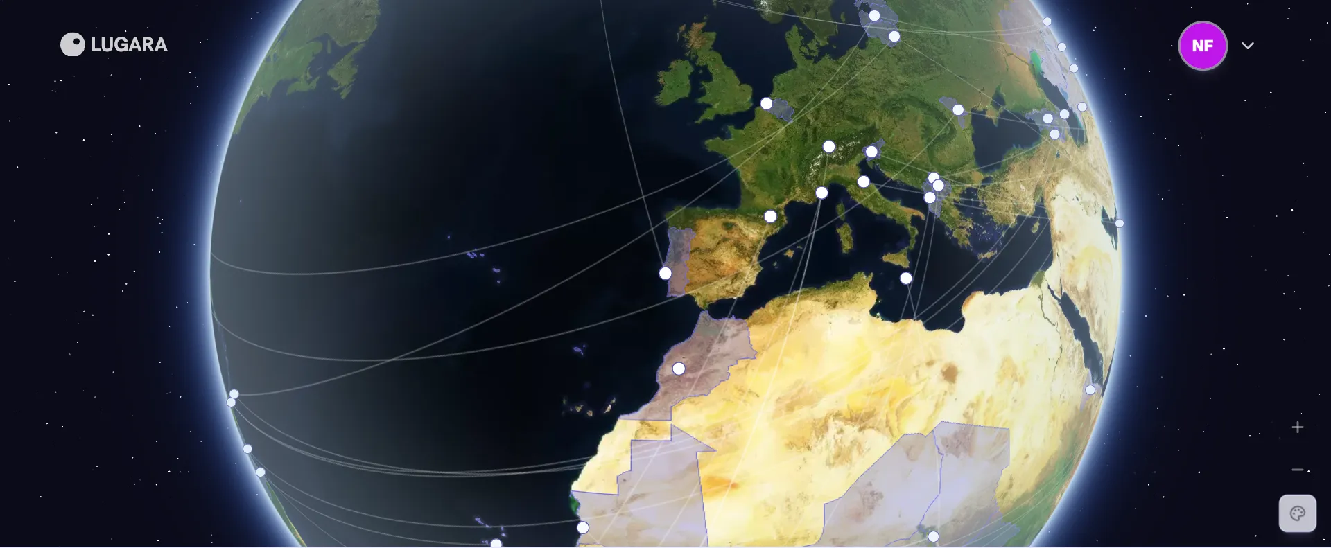 Globe in the Satellite style: satellite imagery of Europe and Africa with white routes and markers