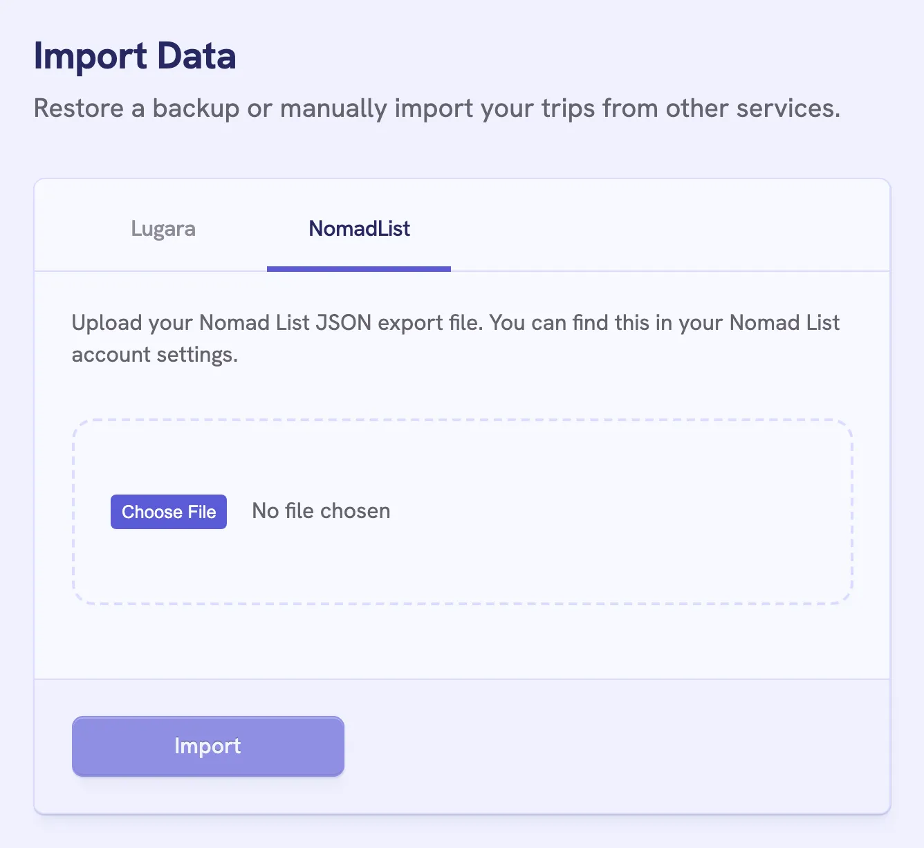 The Import Data page with the NomadList tab open, a file field, and the Import button