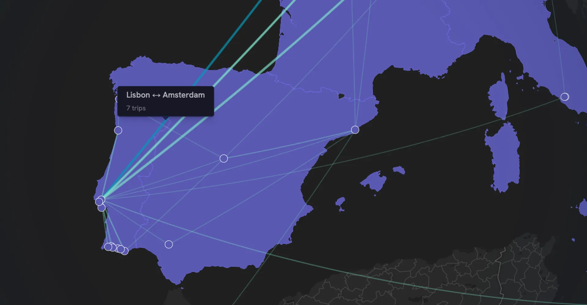 Map showing tooltip for lines between trips