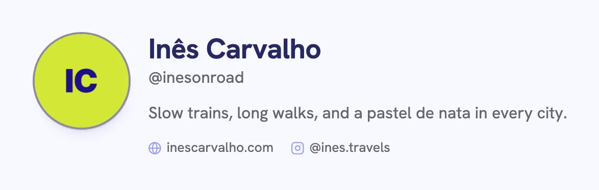 Profile header with a bio, a website, and an Instagram handle under the name