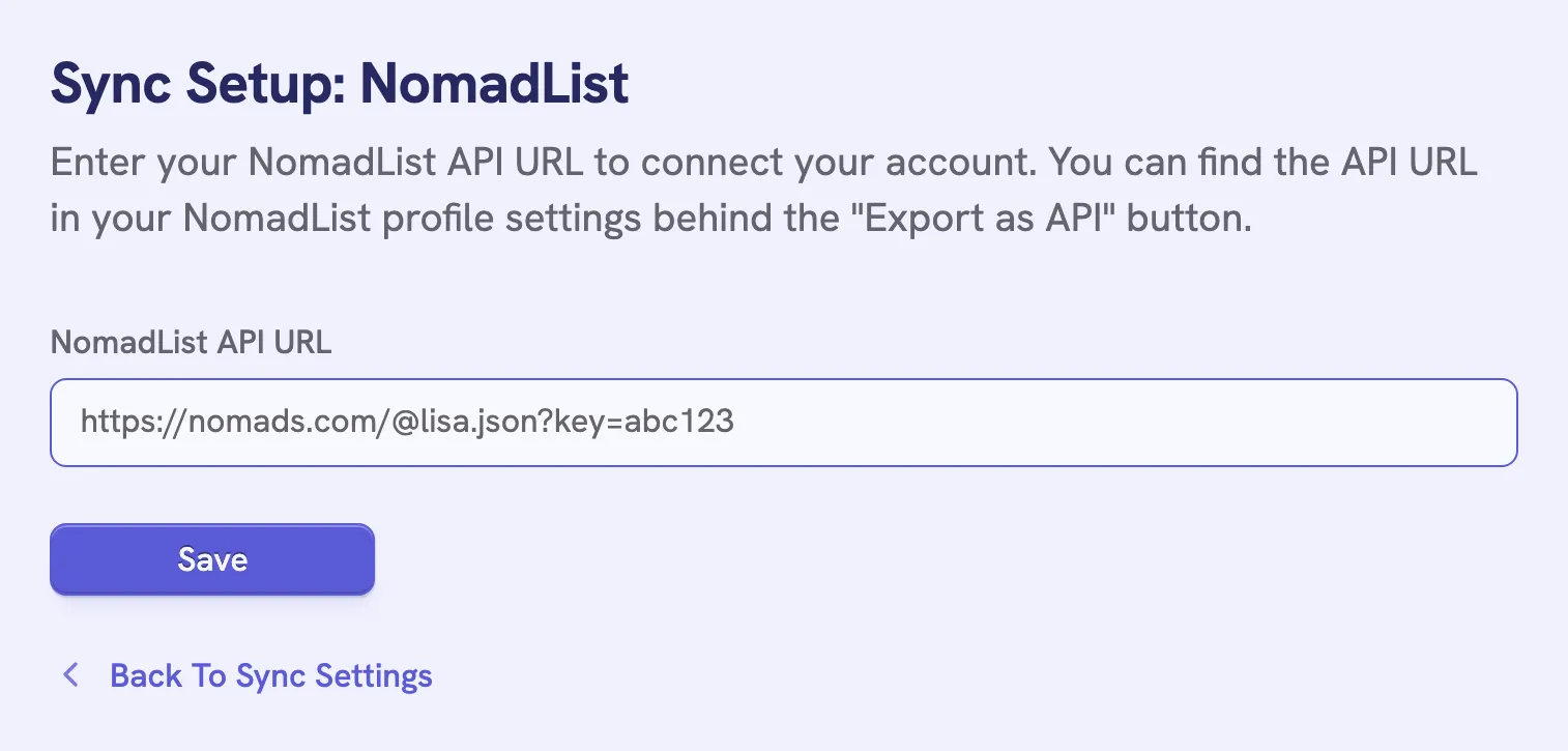 The Sync Setup page for NomadList with a NomadList API URL filled in and the Save button